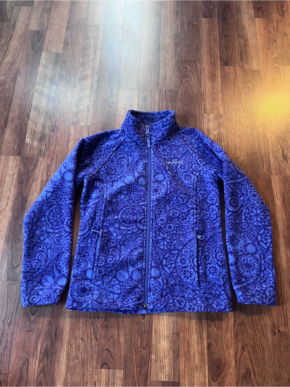 Columbia Girls Tonal Purple Floral Medallion Pattern Full Zip Fleece Jacket M